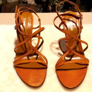 Bebe strappy heels, cooper color, size 8